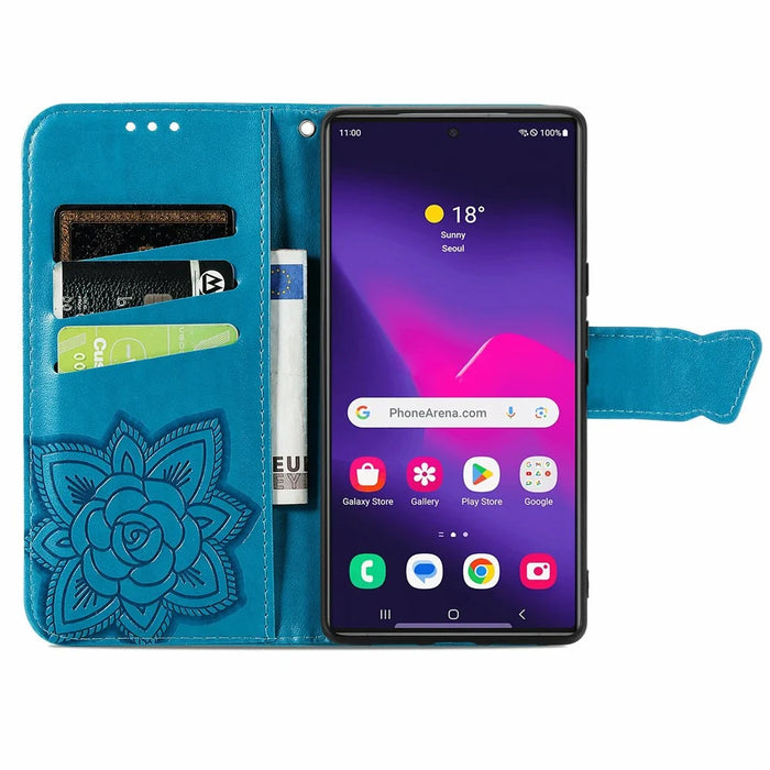 For Samsung Galaxy S26 Ultra Case with Strap Butterfly Pattern PU Leather Wallet Phone Cover - Blue - 2
