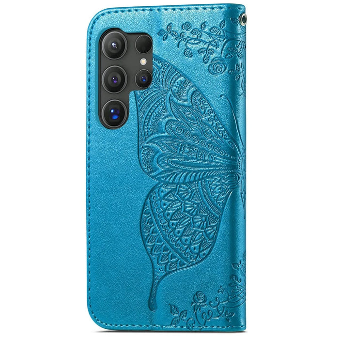 For Samsung Galaxy S26 Ultra Case with Strap Butterfly Pattern PU Leather Wallet Phone Cover - Blue - 6