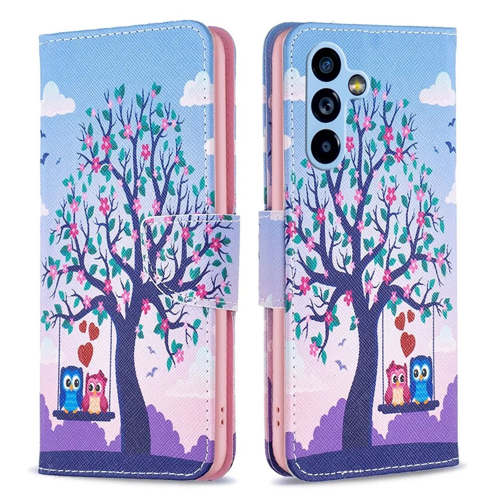 For Samsung Galaxy A54 5G Leather Case Pattern Printing Wallet Stand Flip Mobile Cover - Two Owls - 1