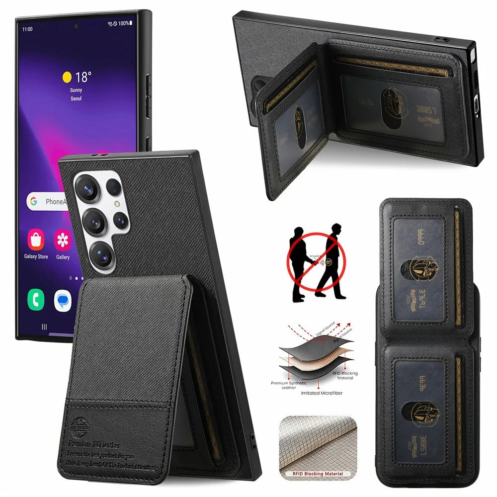 For Samsung Galaxy S26 Ultra Phone Case Cloth Texture Leather + PC + TPU Cover with RFID Blocking Card Holder - Black - 1