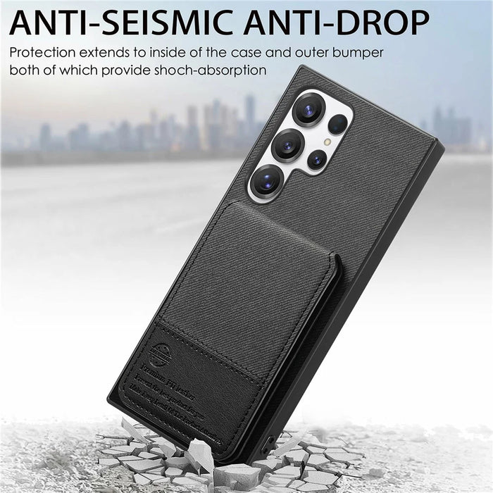 For Samsung Galaxy S26 Ultra Phone Case Cloth Texture Leather + PC + TPU Cover with RFID Blocking Card Holder - Black - 6