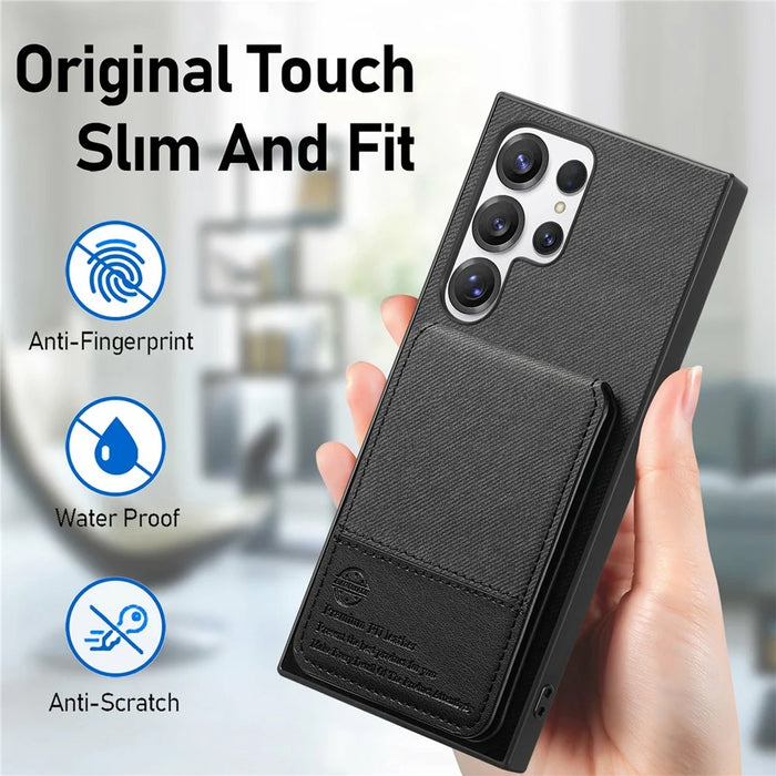 For Samsung Galaxy S26 Ultra Phone Case Cloth Texture Leather + PC + TPU Cover with RFID Blocking Card Holder - Black - 7