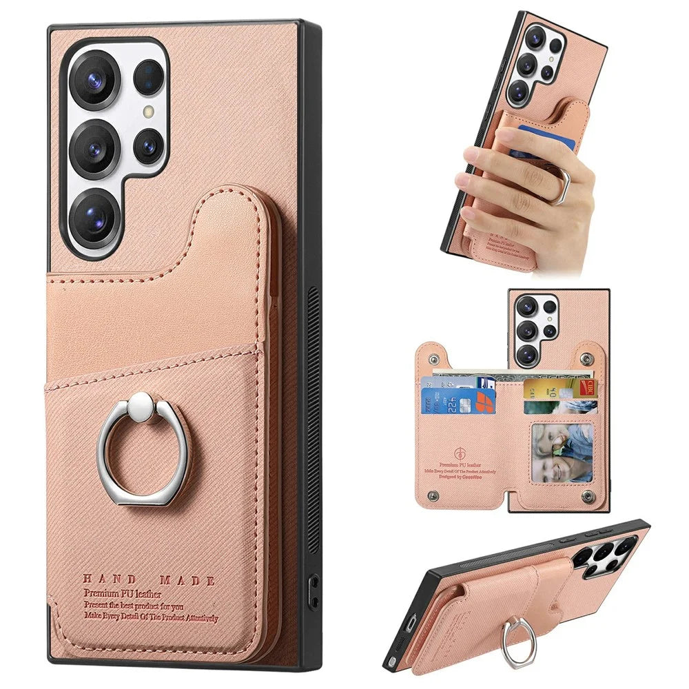For Samsung Galaxy S26 Ultra Case with Card Holder Kickstand Leather + TPU + PC Phone Cover - Pink - 1