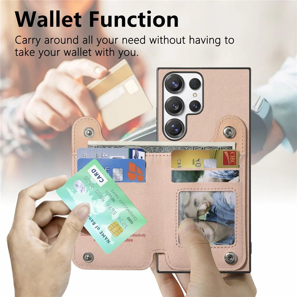 For Samsung Galaxy S26 Ultra Case with Card Holder Kickstand Leather + TPU + PC Phone Cover - Pink - 5