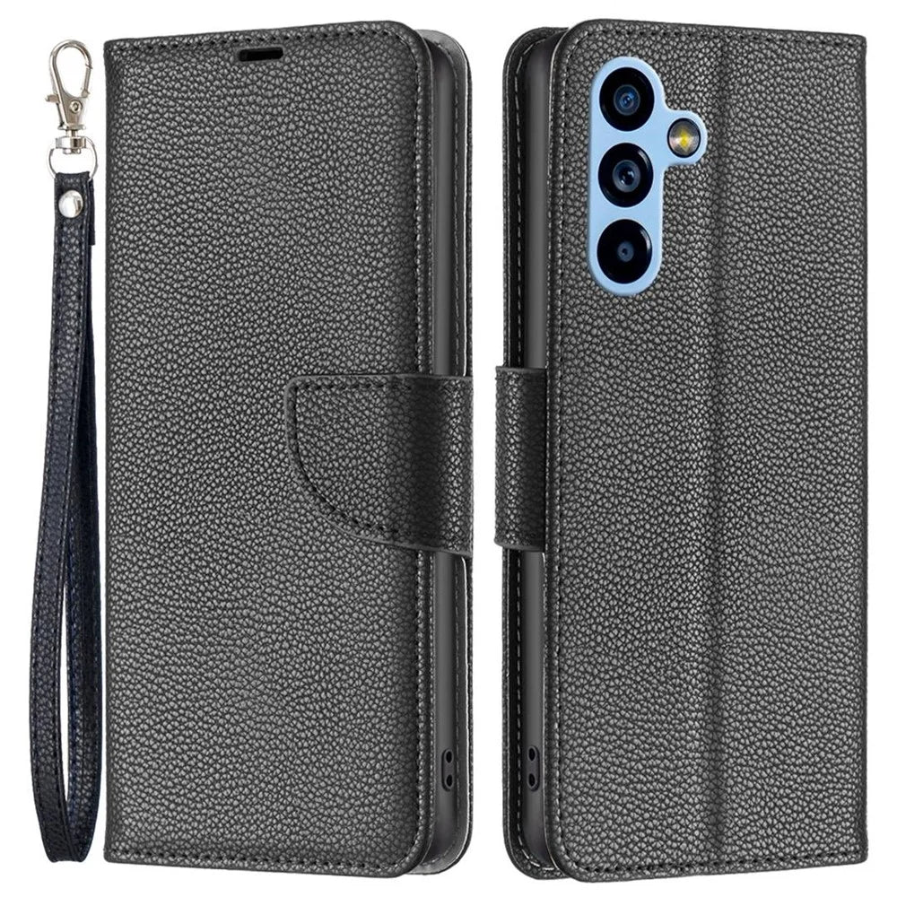 For Samsung Galaxy A54 5G Wallet Case Litchi Texture Flip Leather Mobile Cover Stand with Strap - Black - 1