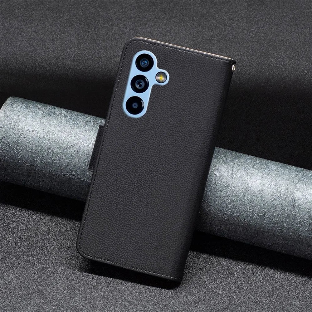 For Samsung Galaxy A54 5G Wallet Case Litchi Texture Flip Leather Mobile Cover Stand with Strap - Black - 5