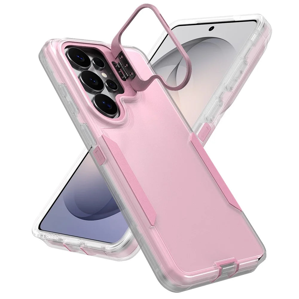 For Samsung Galaxy S26 Ultra Case TPU + PC Hybrid Phone Cover with Alloy Lens Frame Kickstand - Transparent / Pink - 2