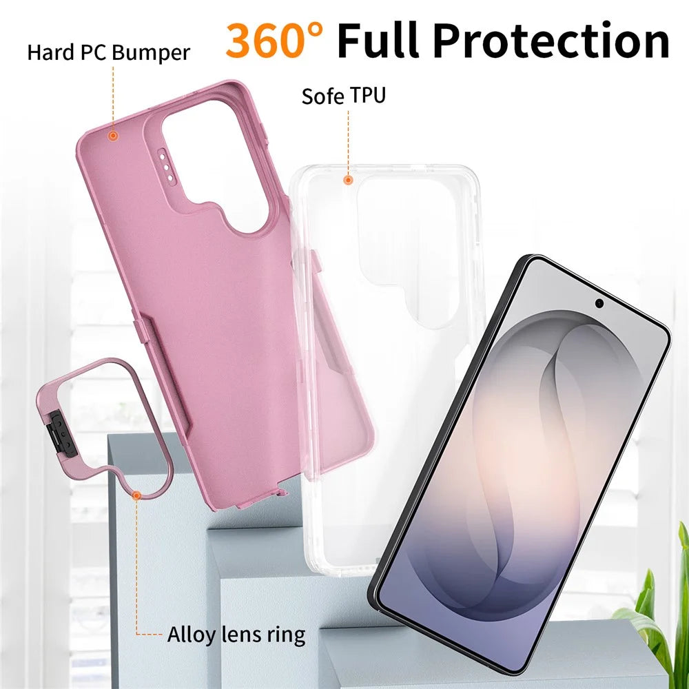 For Samsung Galaxy S26 Ultra Case TPU + PC Hybrid Phone Cover with Alloy Lens Frame Kickstand - Transparent / Pink - 4