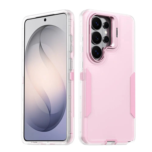 For Samsung Galaxy S25 Ultra Case TPU + PC Hybrid Phone Cover with Alloy Lens Frame Kickstand - Transparent / Pink - 1