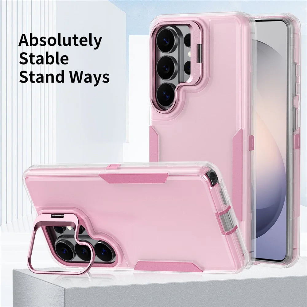 For Samsung Galaxy S25 Ultra Case TPU + PC Hybrid Phone Cover with Alloy Lens Frame Kickstand - Transparent / Pink - 6