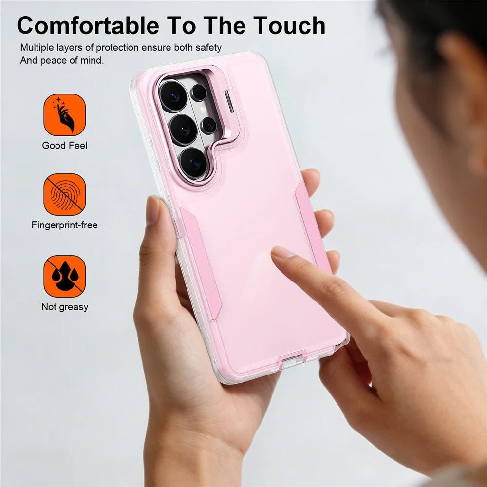 For Samsung Galaxy S25 Ultra Case TPU + PC Hybrid Phone Cover with Alloy Lens Frame Kickstand - Transparent / Pink - 7