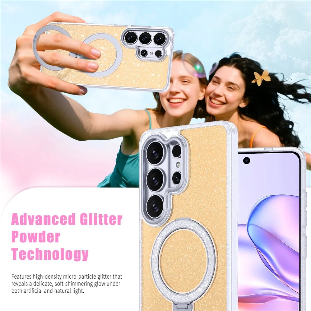 For Samsung Galaxy S26 Ultra Magnetic Case Ring Kickstand TPU PC 2 in 1 Epoxy Glitter Phone Cover - Orange Glitter - 3