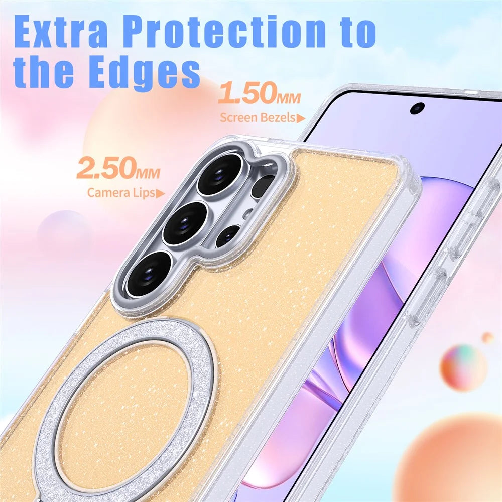 For Samsung Galaxy S26 Ultra Magnetic Case Ring Kickstand TPU PC 2 in 1 Epoxy Glitter Phone Cover - Orange Glitter - 7