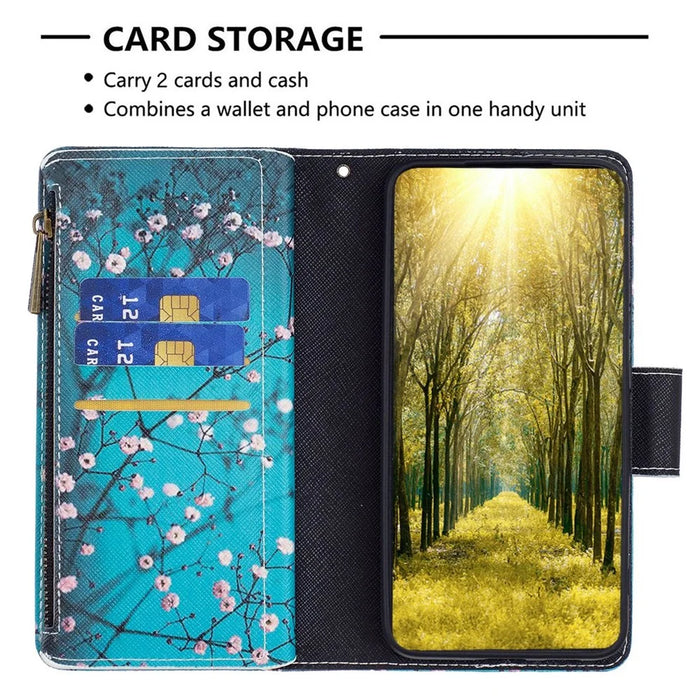 For Samsung Galaxy A54 5G Leather Case with Strap Pattern Printing Zipper Wallet Phone Stand Cover - Plum Blossom - 3