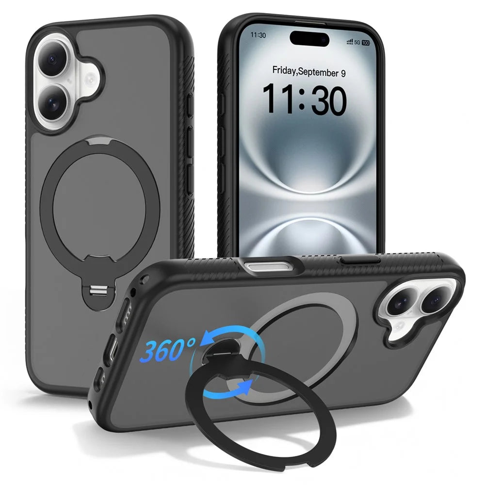 For iPhone 16 Magnetic Case Compatible with MagSafe Rotary Kickstand PC + TPU Shockproof Phone Cover - Black - 1