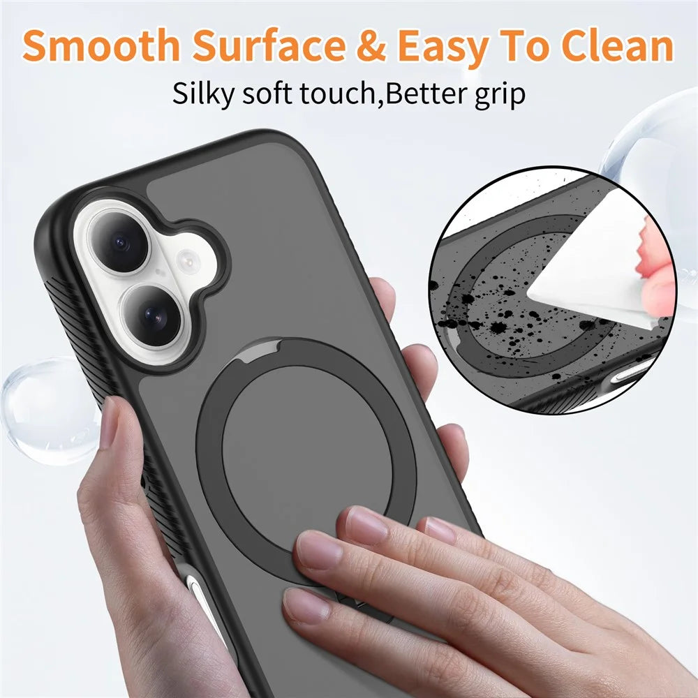 For iPhone 16 Magnetic Case Compatible with MagSafe Rotary Kickstand PC + TPU Shockproof Phone Cover - Black - 4