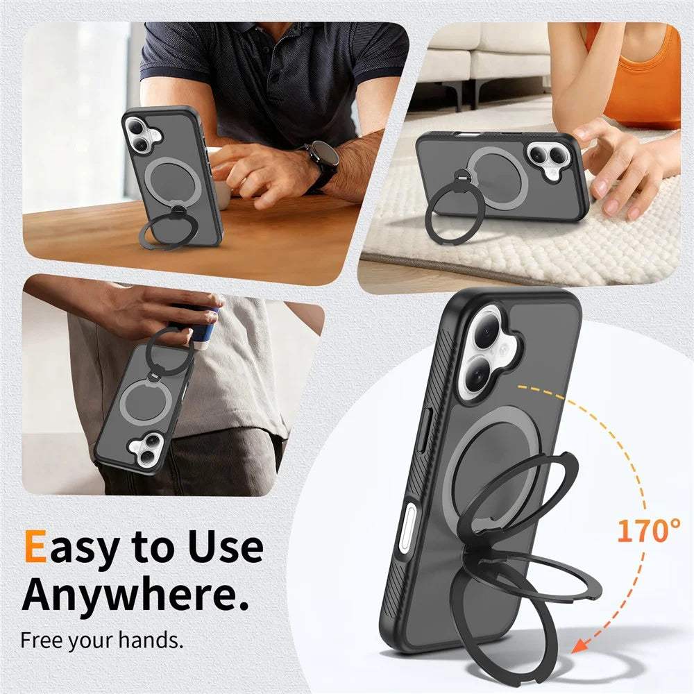 For iPhone 16 Magnetic Case Compatible with MagSafe Rotary Kickstand PC + TPU Shockproof Phone Cover - Black - 5