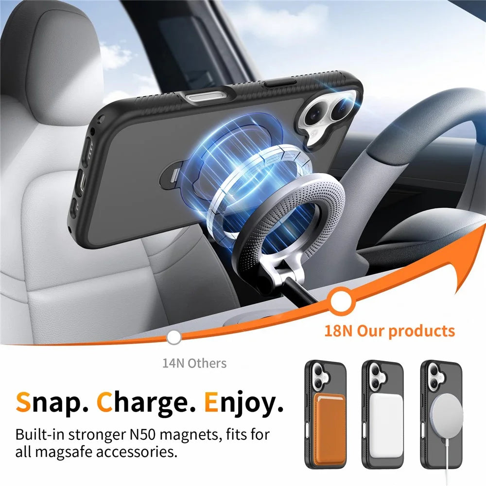 For iPhone 16 Magnetic Case Compatible with MagSafe Rotary Kickstand PC + TPU Shockproof Phone Cover - Black - 6