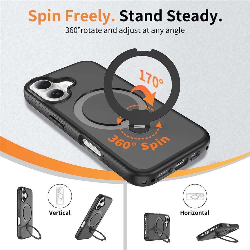 For iPhone 16 Magnetic Case Compatible with MagSafe Rotary Kickstand PC + TPU Shockproof Phone Cover - Black - 7