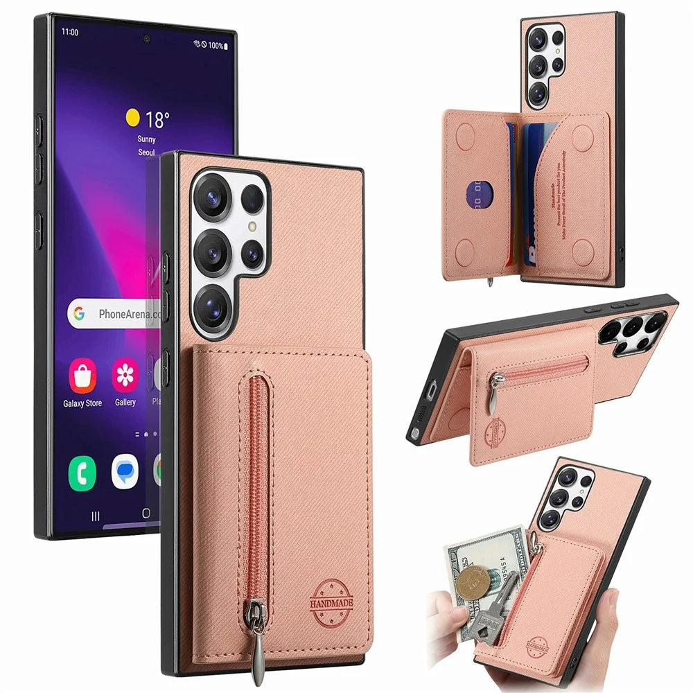 Phone Case For Samsung Galaxy S26 Ultra Zipper Card Holder Kickstand Jeans Cloth Texture Leather Back Cover - Pink - 1