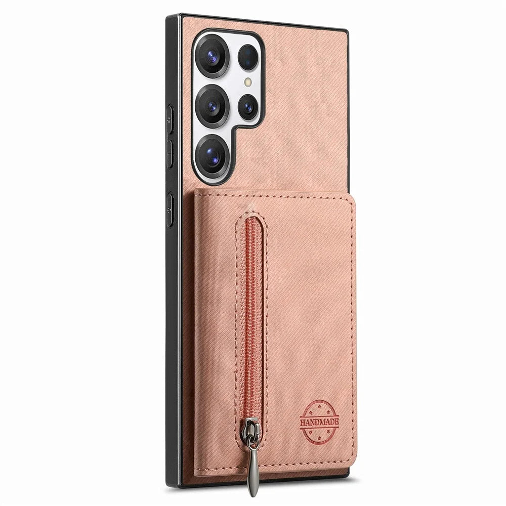 Phone Case For Samsung Galaxy S26 Ultra Zipper Card Holder Kickstand Jeans Cloth Texture Leather Back Cover - Pink - 2