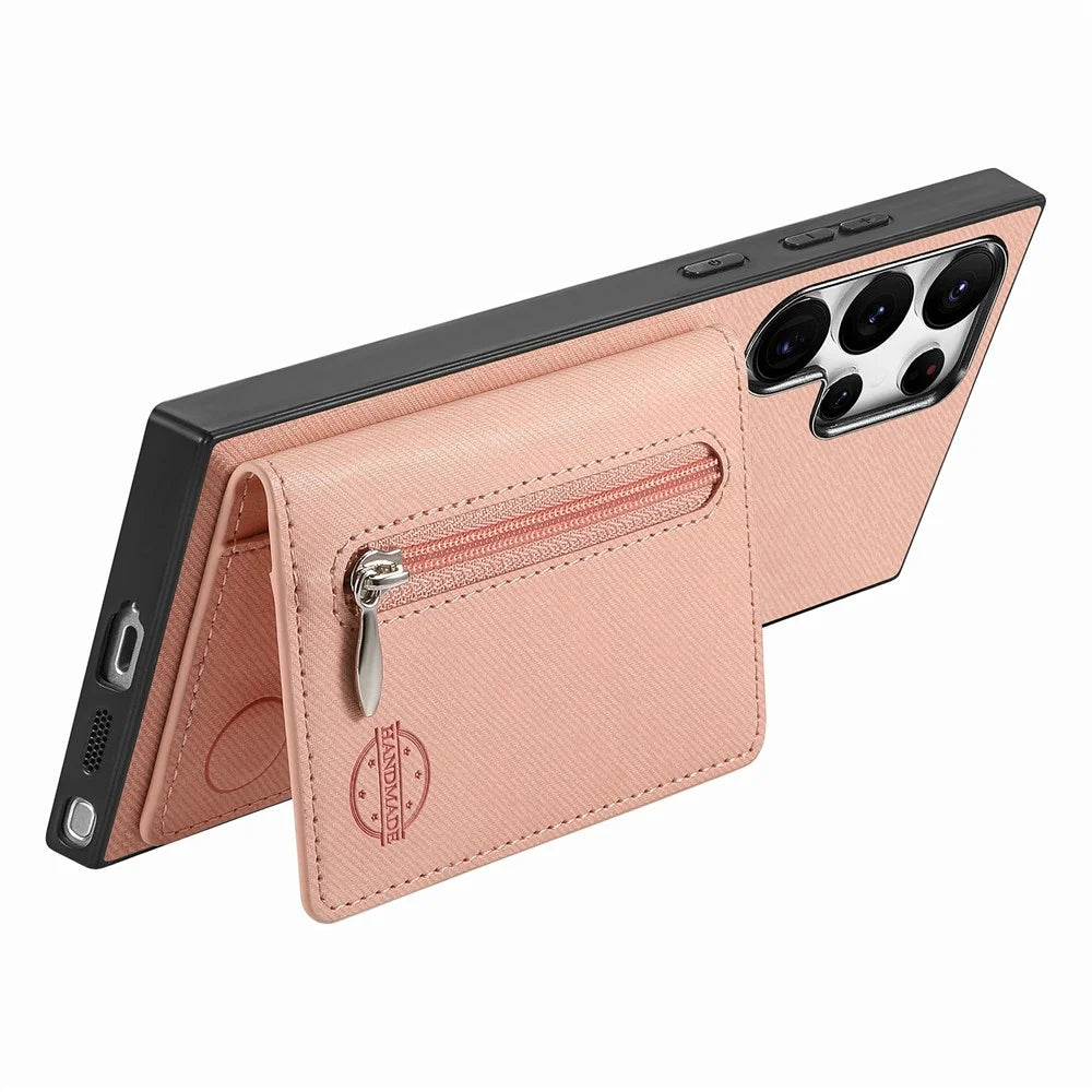 Phone Case For Samsung Galaxy S26 Ultra Zipper Card Holder Kickstand Jeans Cloth Texture Leather Back Cover - Pink - 3