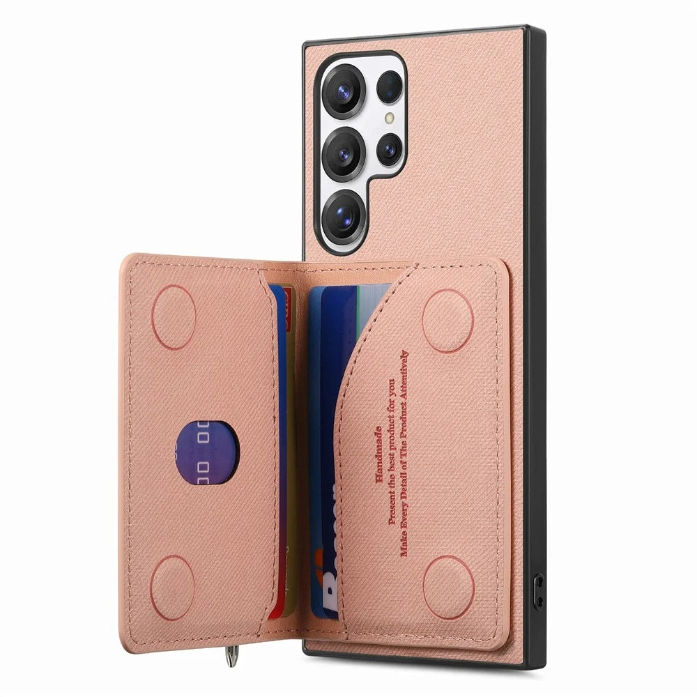 Phone Case For Samsung Galaxy S26 Ultra Zipper Card Holder Kickstand Jeans Cloth Texture Leather Back Cover - Pink - 4