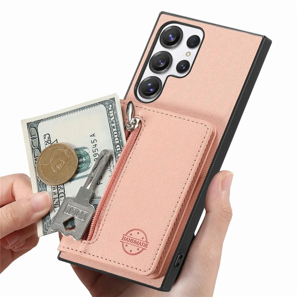 Phone Case For Samsung Galaxy S26 Ultra Zipper Card Holder Kickstand Jeans Cloth Texture Leather Back Cover - Pink - 5