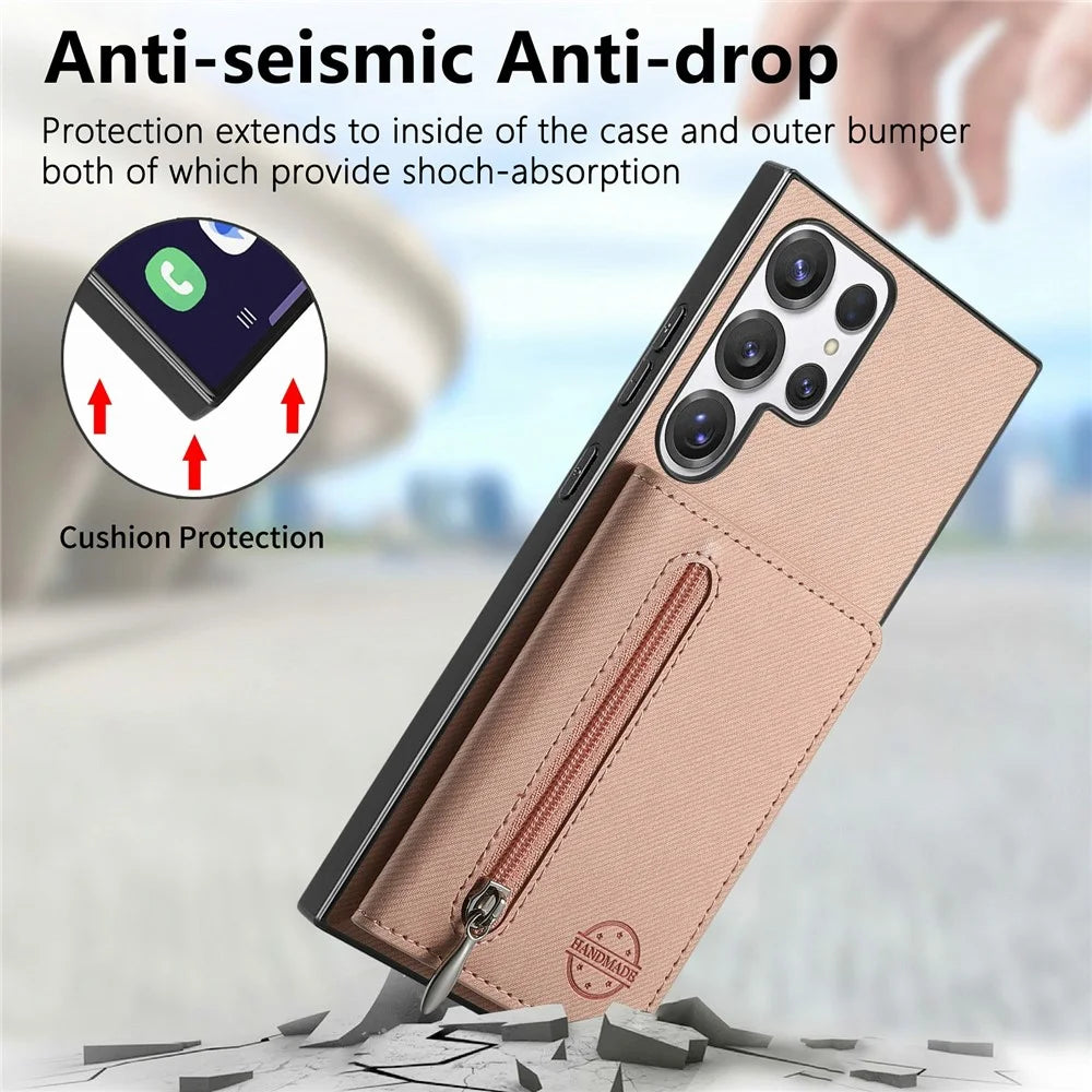 Phone Case For Samsung Galaxy S26 Ultra Zipper Card Holder Kickstand Jeans Cloth Texture Leather Back Cover - Pink - 6