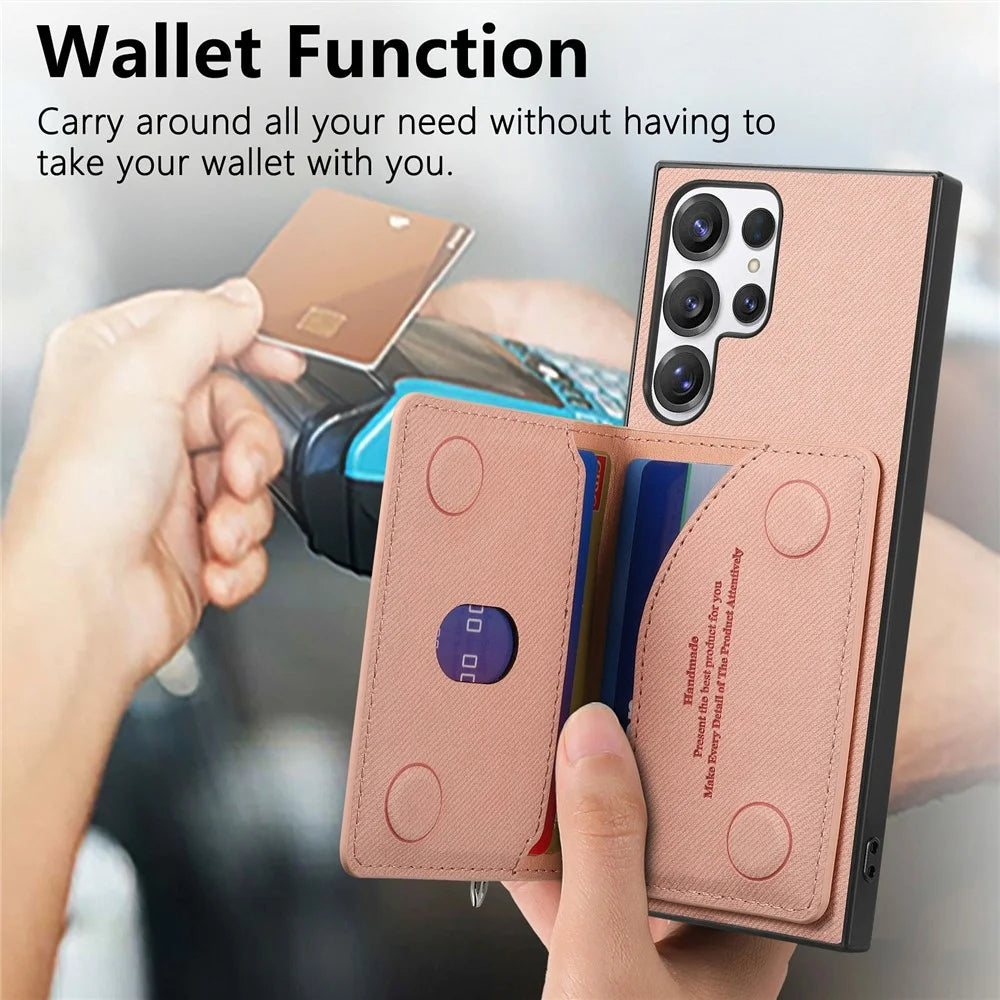 Phone Case For Samsung Galaxy S26 Ultra Zipper Card Holder Kickstand Jeans Cloth Texture Leather Back Cover - Pink - 7