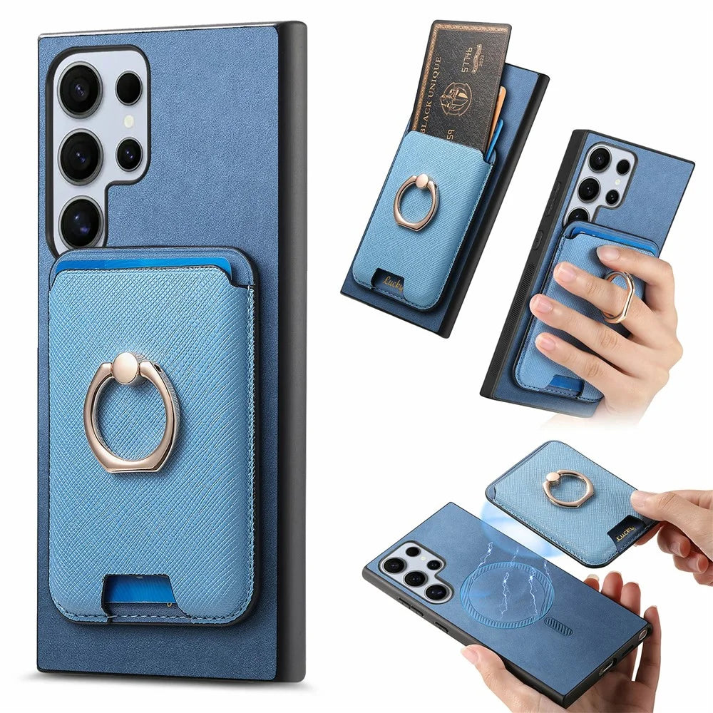For Samsung Galaxy S26 Ultra Magnetic Case Detachable Card Bag Leather Back Cover with Kickstand - Blue - 1