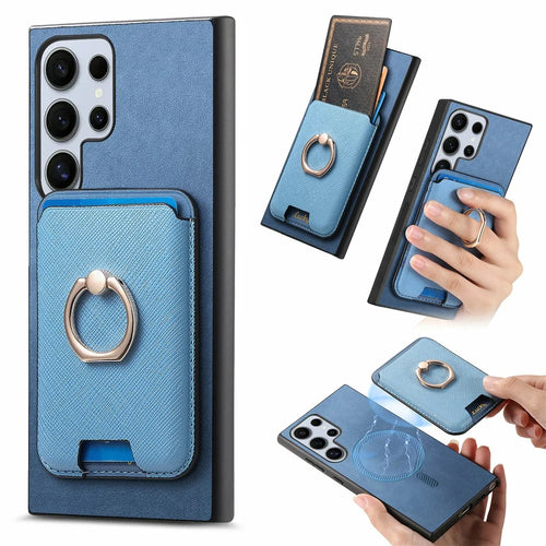 For Samsung Galaxy S26 Ultra Magnetic Case Detachable Card Bag Leather Back Cover with Kickstand - Blue - 1