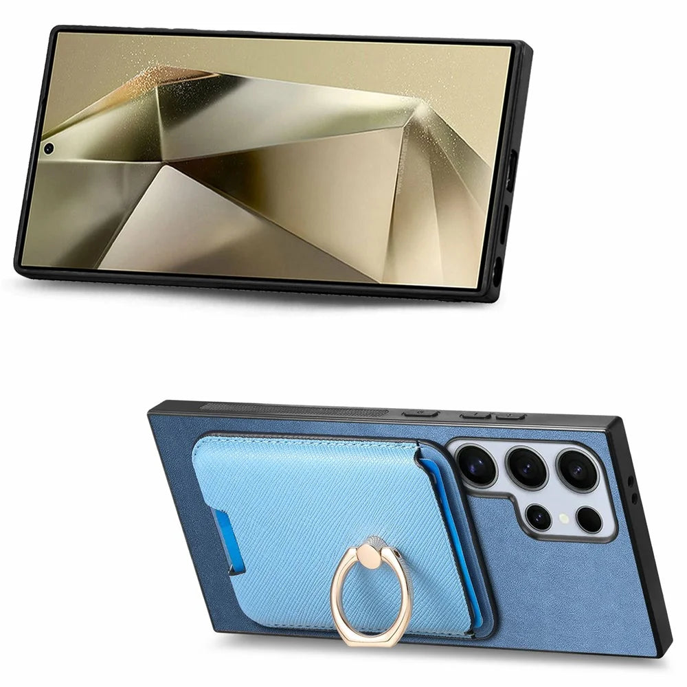 For Samsung Galaxy S26 Ultra Magnetic Case Detachable Card Bag Leather Back Cover with Kickstand - Blue - 3