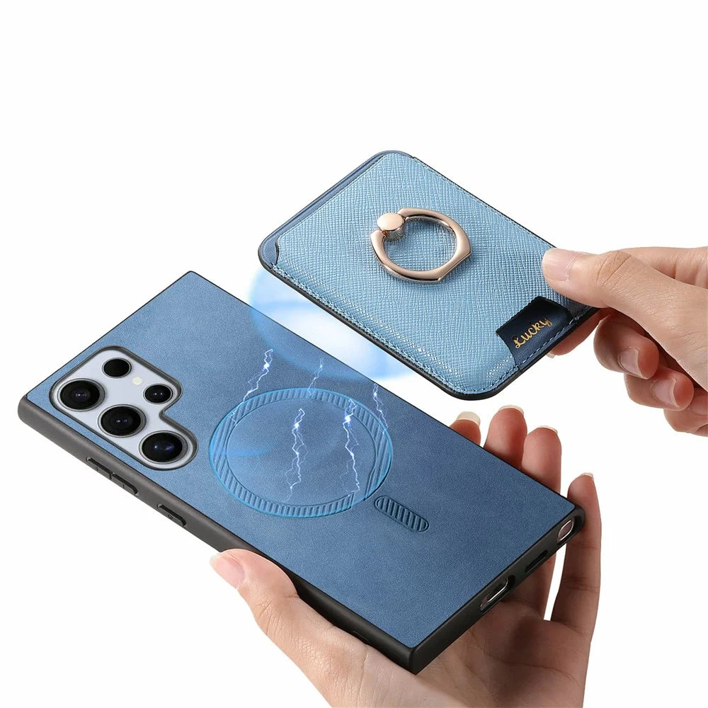 For Samsung Galaxy S26 Ultra Magnetic Case Detachable Card Bag Leather Back Cover with Kickstand - Blue - 4