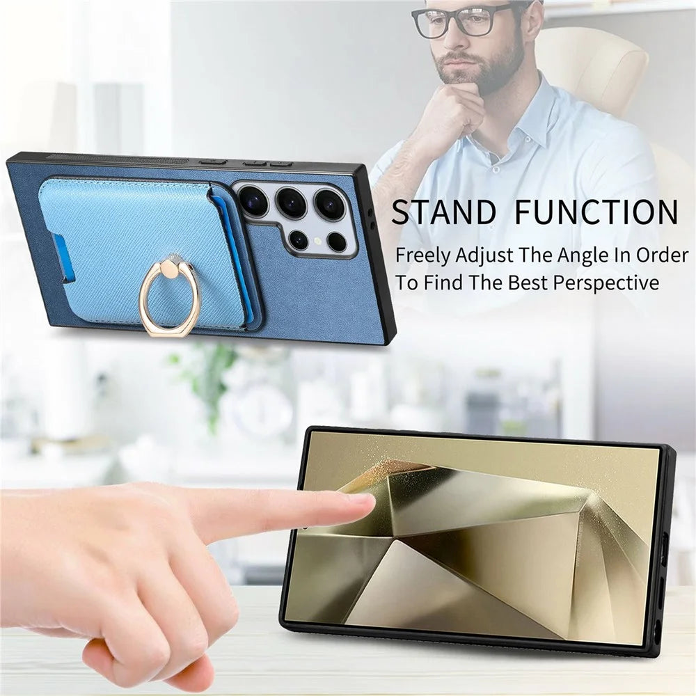 For Samsung Galaxy S26 Ultra Magnetic Case Detachable Card Bag Leather Back Cover with Kickstand - Blue - 6