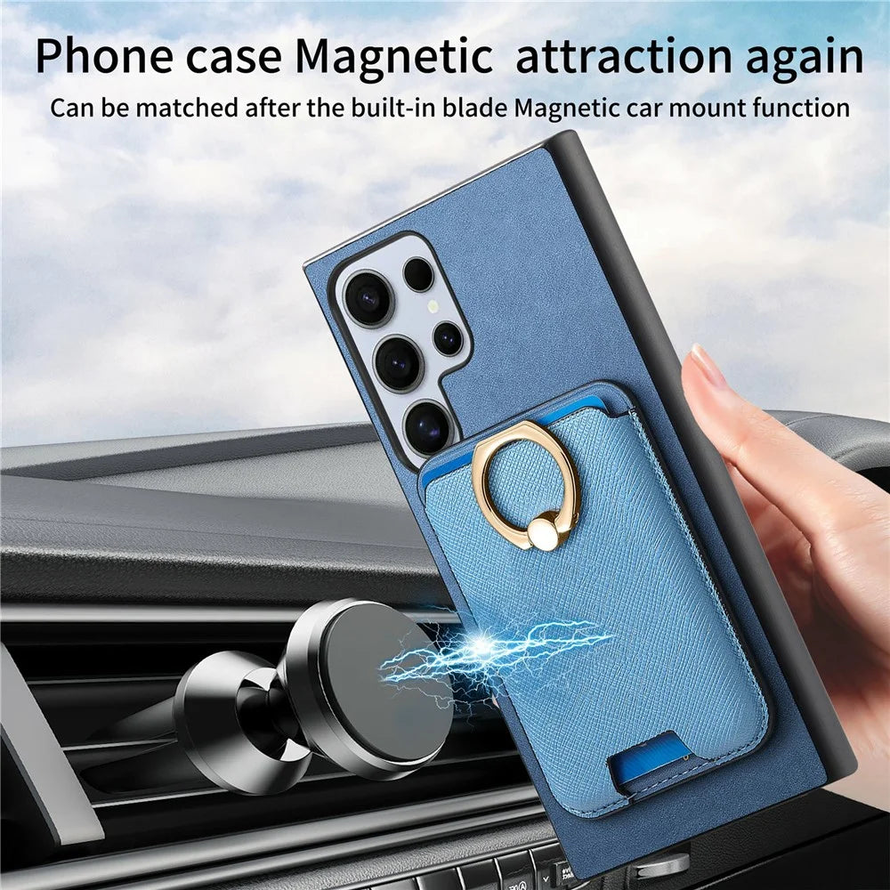 For Samsung Galaxy S26 Ultra Magnetic Case Detachable Card Bag Leather Back Cover with Kickstand - Blue - 7