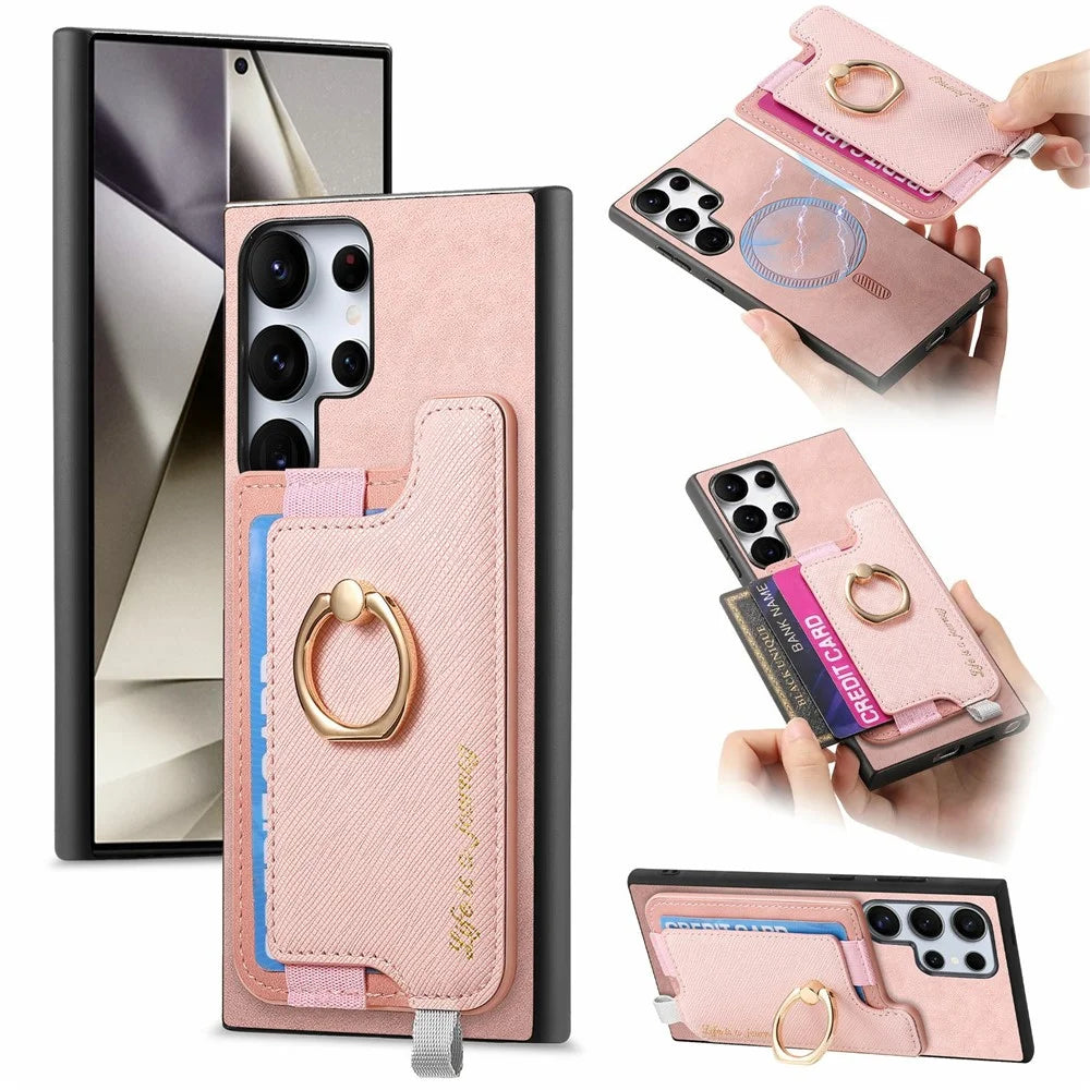 For Samsung Galaxy S26 Ultra Case 2 in 1 Magnetic Detachable Card Holder Leather Back Cover - Pink - 1
