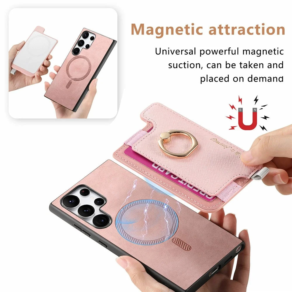 For Samsung Galaxy S26 Ultra Case 2 in 1 Magnetic Detachable Card Holder Leather Back Cover - Pink - 7