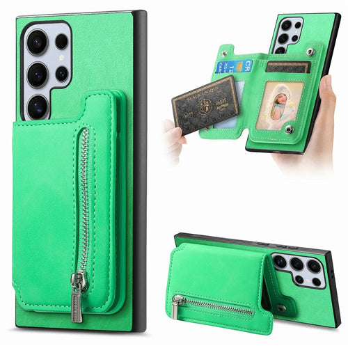 For Samsung Galaxy S26 Ultra Case Magnetic Detachable Zipper Card Holder Leather Phone Back Cover - Green - 1