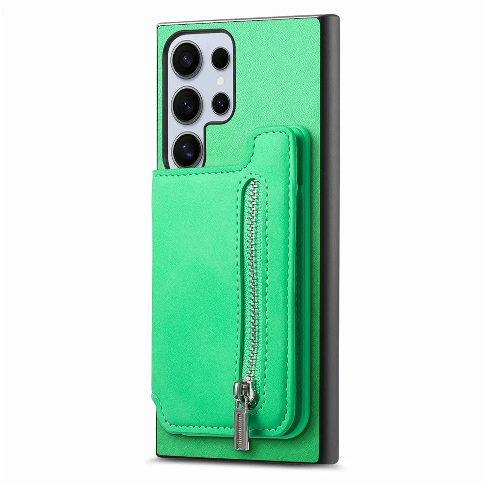 For Samsung Galaxy S26 Ultra Case Magnetic Detachable Zipper Card Holder Leather Phone Back Cover - Green - 2