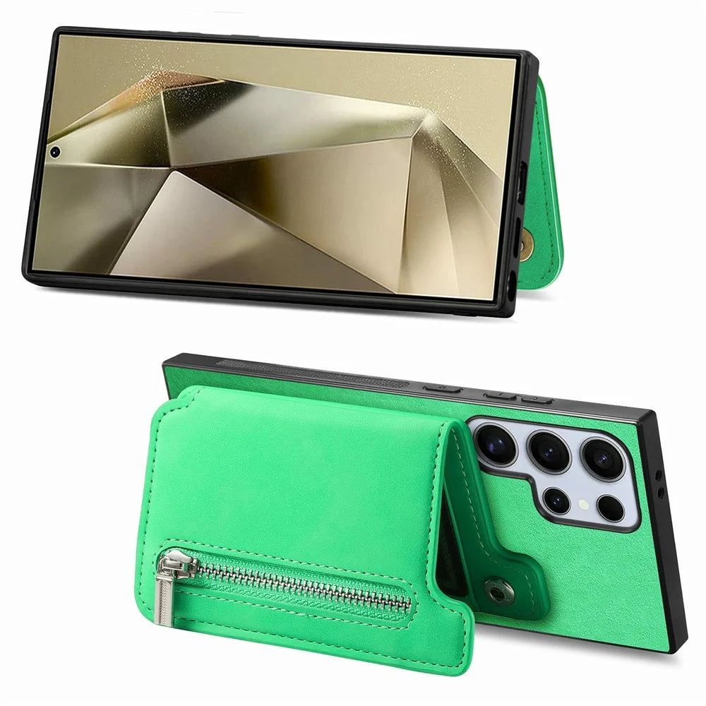 For Samsung Galaxy S26 Ultra Case Magnetic Detachable Zipper Card Holder Leather Phone Back Cover - Green - 3