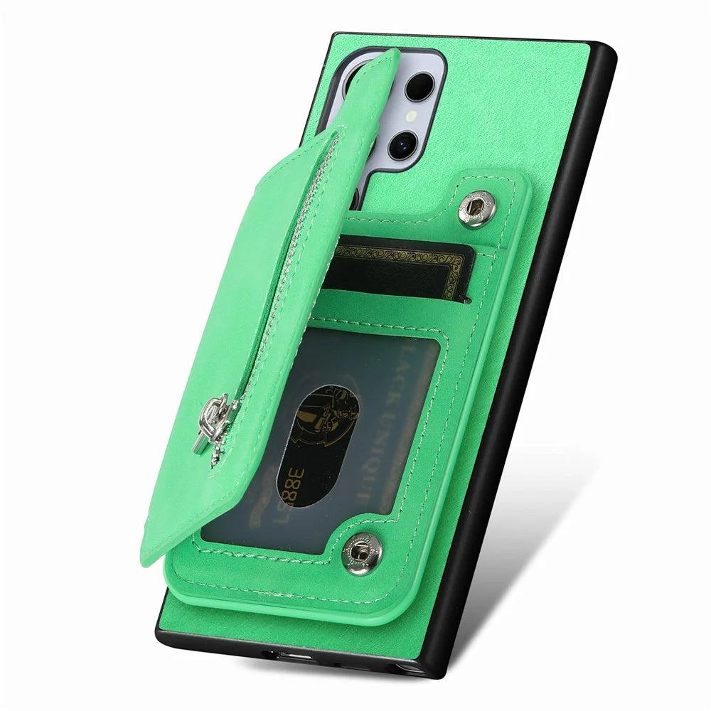 For Samsung Galaxy S26 Ultra Case Magnetic Detachable Zipper Card Holder Leather Phone Back Cover - Green - 4