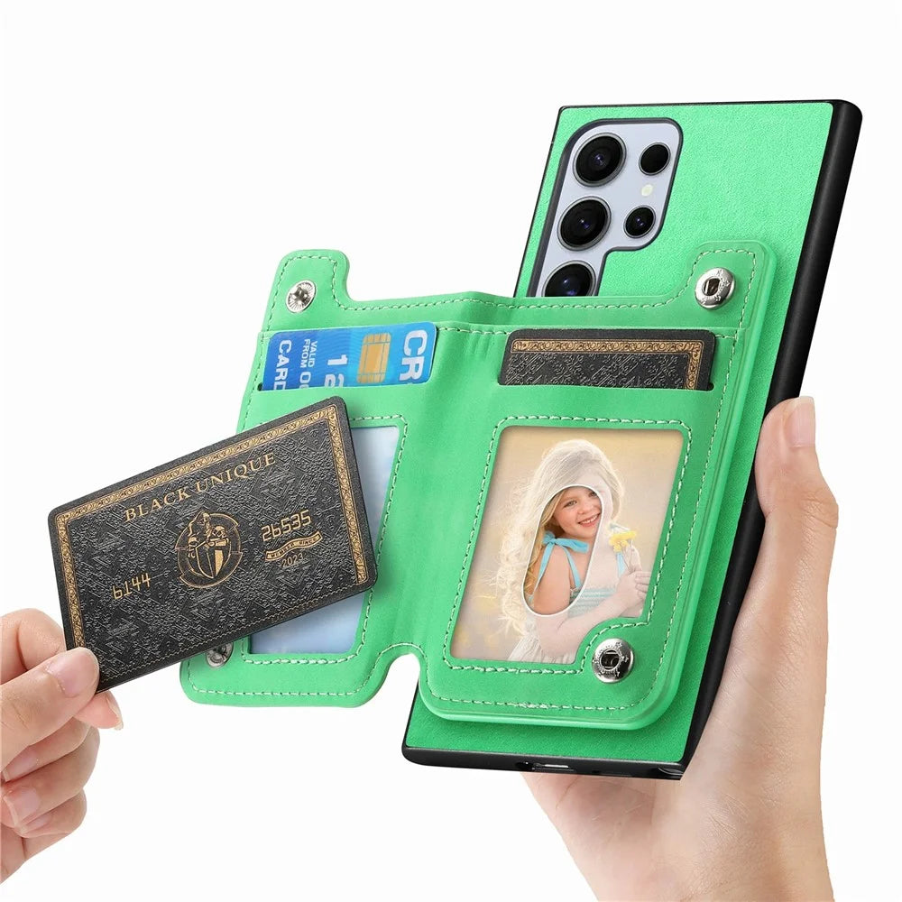 For Samsung Galaxy S26 Ultra Case Magnetic Detachable Zipper Card Holder Leather Phone Back Cover - Green - 5