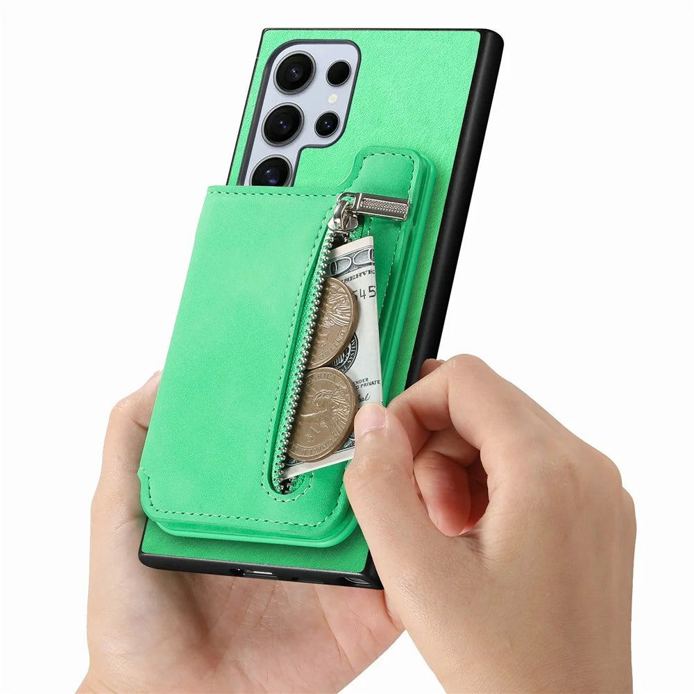 For Samsung Galaxy S26 Ultra Case Magnetic Detachable Zipper Card Holder Leather Phone Back Cover - Green - 6