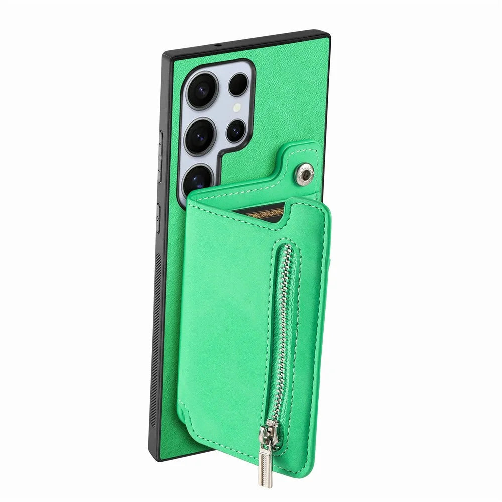 For Samsung Galaxy S26 Ultra Case Magnetic Detachable Zipper Card Holder Leather Phone Back Cover - Green - 7