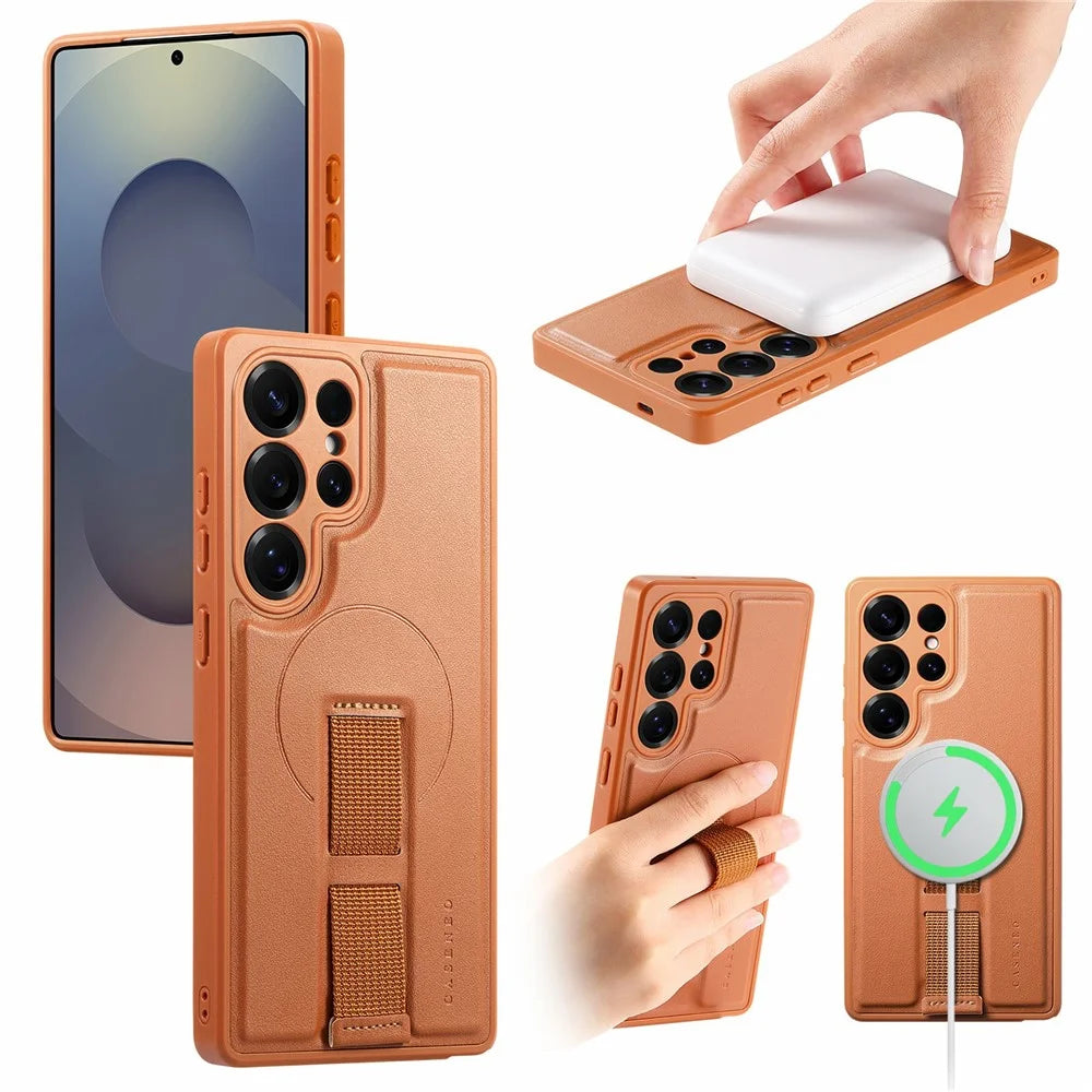 CASENEO For Samsung Galaxy S26 Ultra Magnetic Case Wristband PU Leather + PC Shockproof Phone Cover - Brown - 1