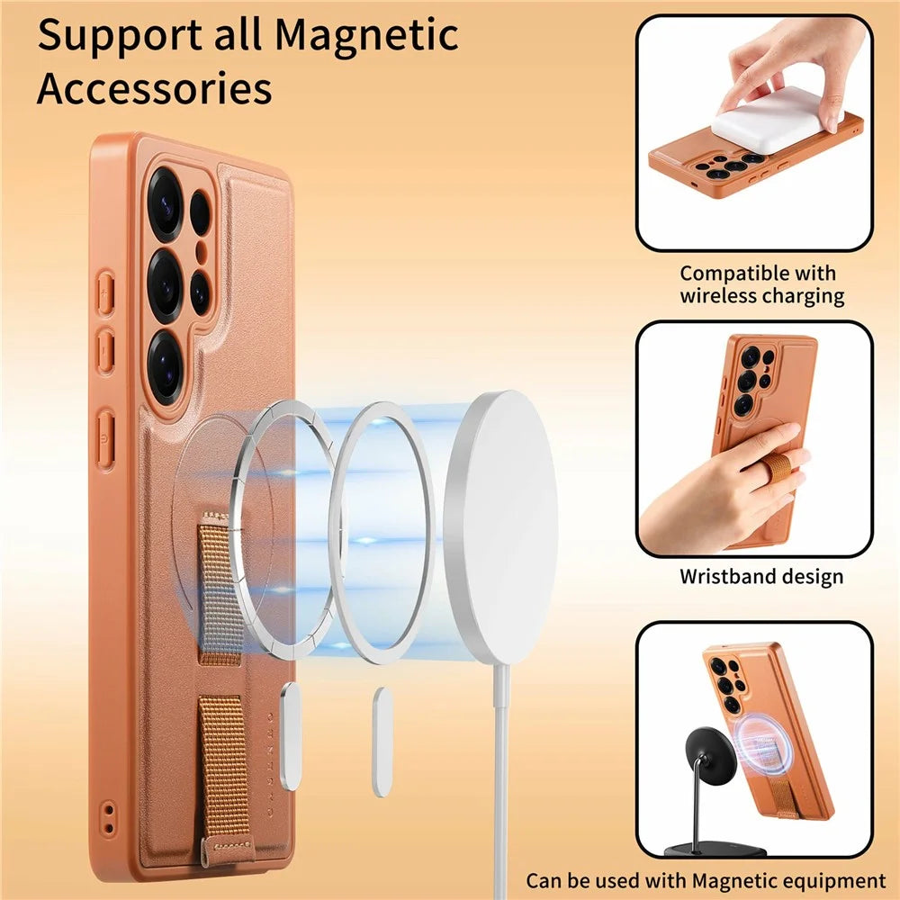 CASENEO For Samsung Galaxy S26 Ultra Magnetic Case Wristband PU Leather + PC Shockproof Phone Cover - Brown - 6