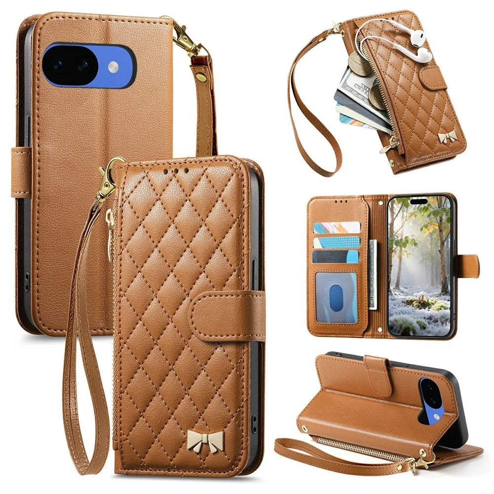 For Google Pixel 10a Stand Case Imprint TPU PU Leather Zipper Pocket Wallet Phone Cover with Strap - Brown - 1