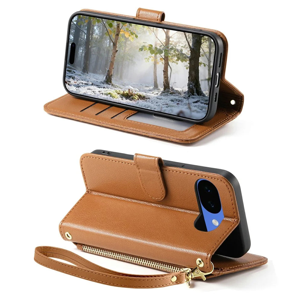 For Google Pixel 10a Stand Case Imprint TPU PU Leather Zipper Pocket Wallet Phone Cover with Strap - Brown - 3