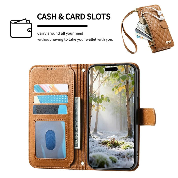For Google Pixel 10a Stand Case Imprint TPU PU Leather Zipper Pocket Wallet Phone Cover with Strap - Brown - 6